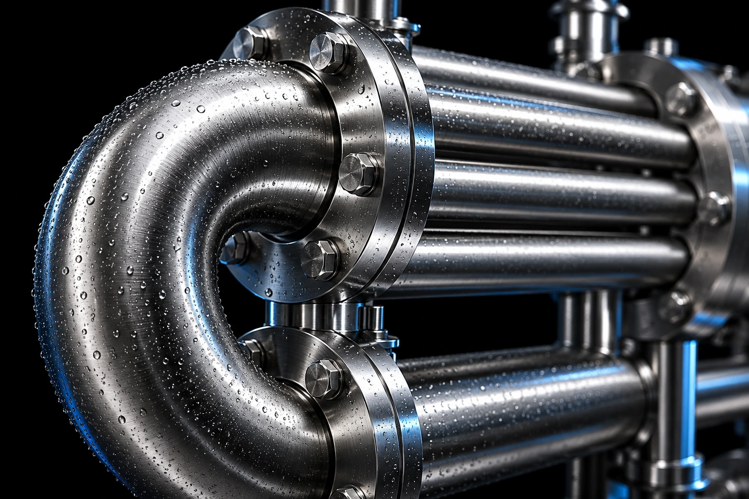 Concept close-up of stainless surfaces and pipe connections
