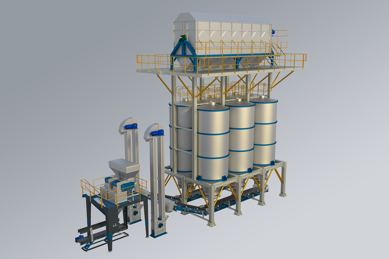 Render image of a complete salt sieving, storage and packaging machinery solutions, designed by PROSALT in salt processing industry.