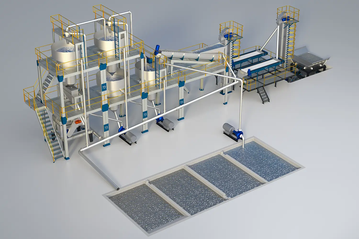 Render image of a complete salt washing solution for salt processing, Salt Washing Plant designed by PROSALT.